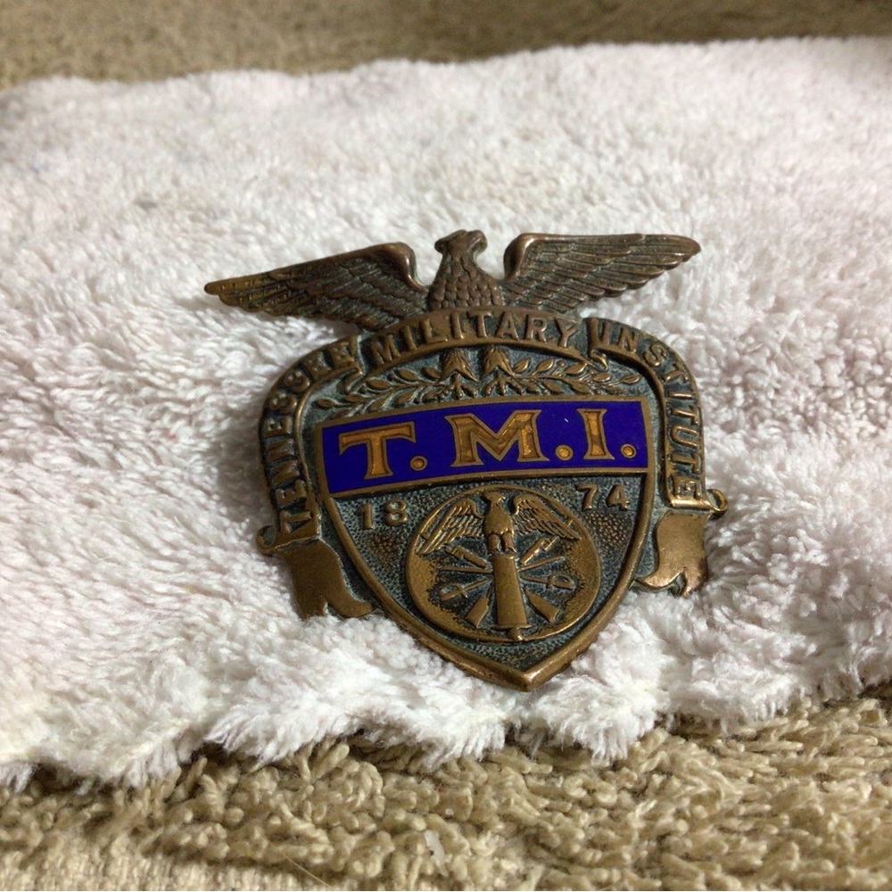 T.M.I. Military Institute Brass Eagle Shield Pin - Blue & Brass - Picture 14 of 15